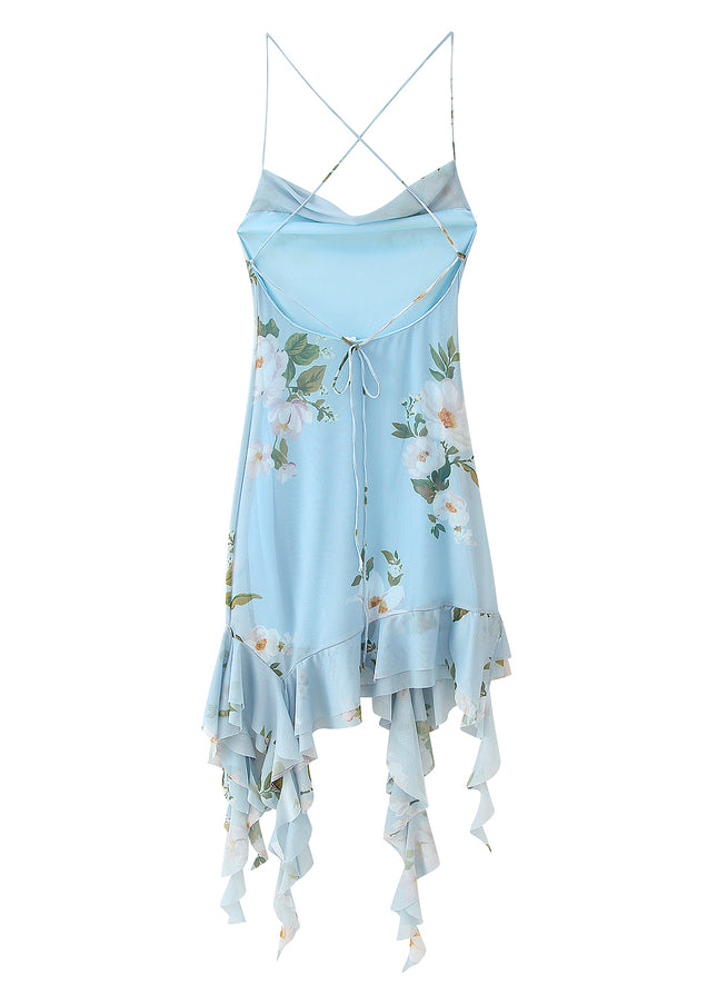 Blue Color Back Hollow Out Floral Print Spaghetti Strap Casual Fashion Mini slip Dress for Women