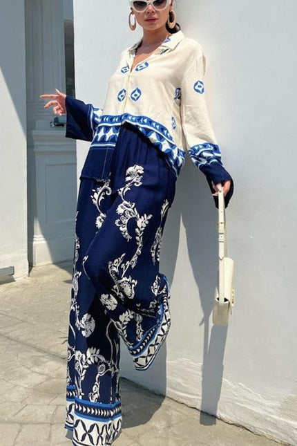 Women's 2024 New Fashion Positioning Print Loose Long Sleeved Top Wide Leg Pants Two Piece Set