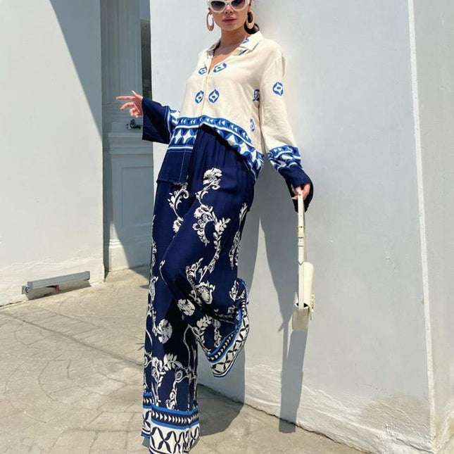 Women's 2024 New Fashion Positioning Print Loose Long Sleeved Top Wide Leg Pants Two Piece Set