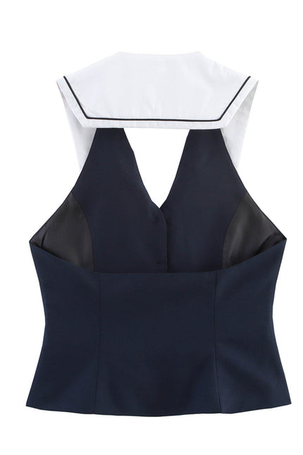 Back Hollow Out Buttons up Navy Color Hot Sale Casual Fashion Women's tank Tops