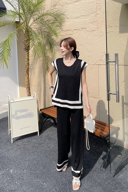 2024 New Fashion Simple Splicing Loose Shawl Sleeves Sweater Top High Waist Slimming Wide Leg Pants Two Piece Set