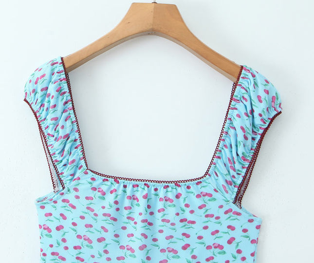 Blue Color Front Lace up Fruit Print Hot Sale Casual Fashion Mini Dress for Women