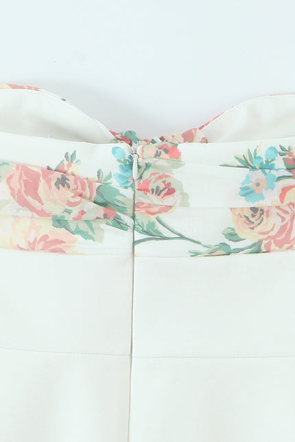 Strapless White Color Front Bow Tie Floral Print Casual Fashion Summer Mini Dress for Women