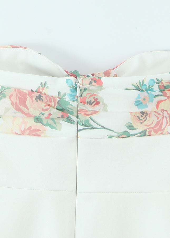 Strapless White Color Front Bow Tie Floral Print Casual Fashion Summer Mini Dress for Women
