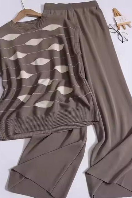 Fashion Set Women's Sleeveless Standing Neck Slim Fit Striped Knitwear Top Two Piece Casual High Waist Wide Leg Pants