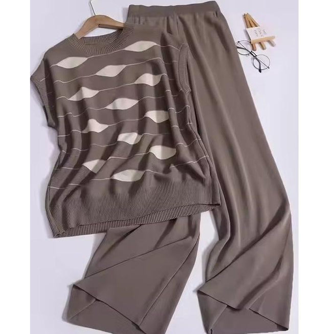 Fashion Set Women's Sleeveless Standing Neck Slim Fit Striped Knitwear Top Two Piece Casual High Waist Wide Leg Pants