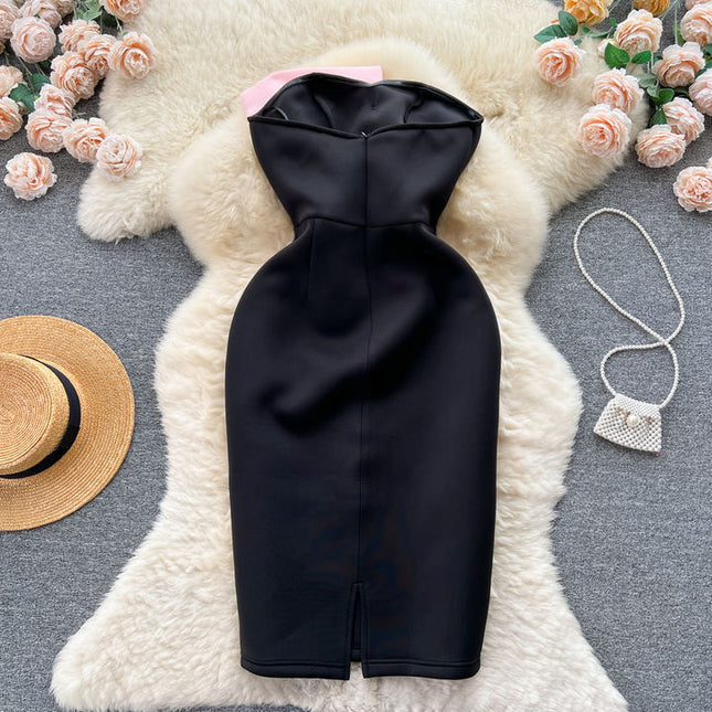 Autumn New French High End Bra Bow Knot Split Design Feel Waist Closing Slim Fit Women's Dress
