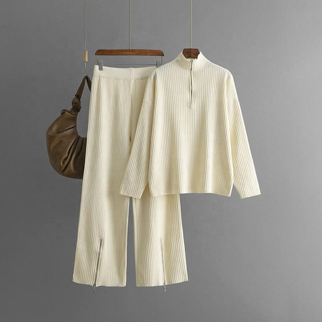 Stand Collar Long Sleeve Fashion Set Women's Autumn Winter Plain Loose Knit Sweater Two-piece Set