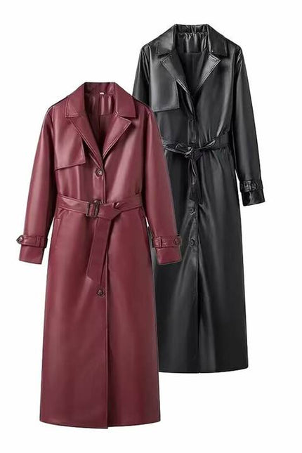 2 Colorway Long Sleeve Sashes Notched Collar Double Breasted Casual Fashion Leather Long Trench Coat for Women