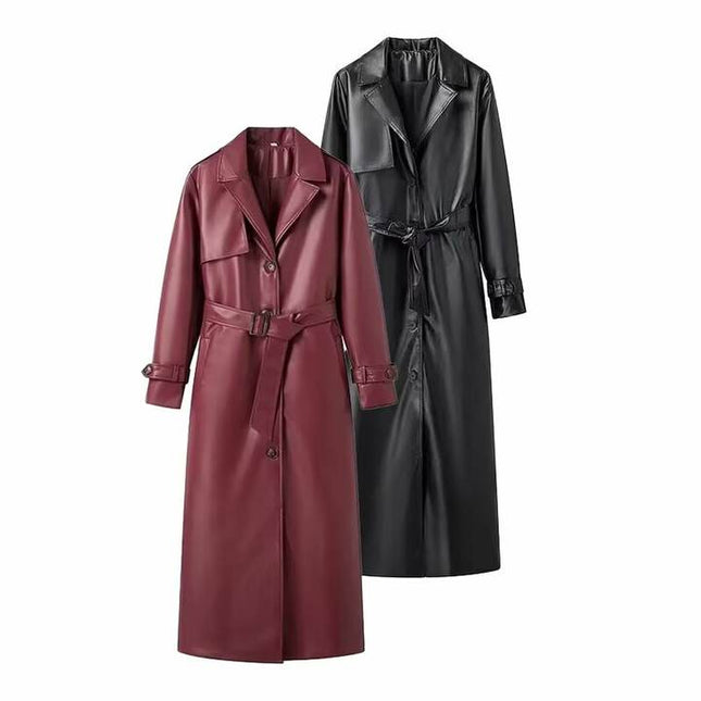2 Colorway Long Sleeve Sashes Notched Collar Double Breasted Casual Fashion Leather Long Trench Coat for Women