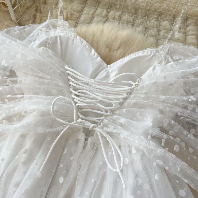 Women's Summer French Light Luxury Small Collection Waist Gauze Shampan Dress White Light Wedding Dress