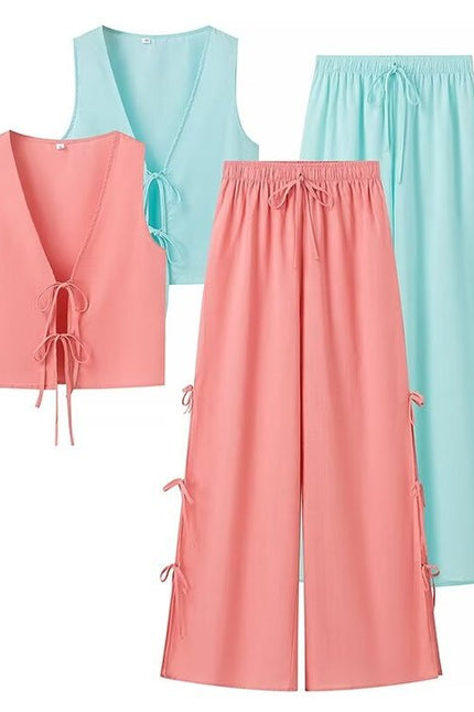 2 Colorway v Neck Front Lace up Solid Color Vest Drawstring Waist Long Pants Trousers Casual Women 2 Piece Set