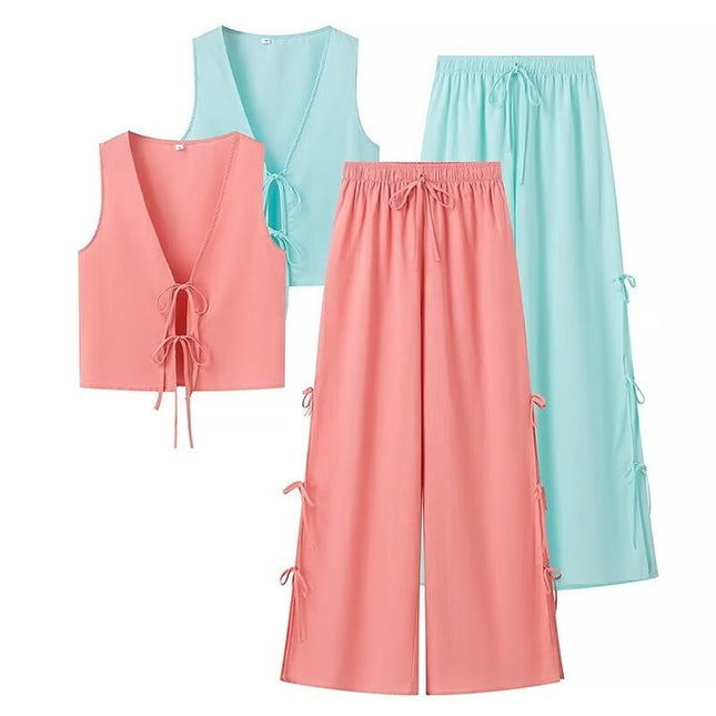 2 Colorway v Neck Front Lace up Solid Color Vest Drawstring Waist Long Pants Trousers Casual Women 2 Piece Set
