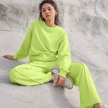 PASUXI New Fashion Round Neck Solid Workout Sets for Women Long Sleeve and Wide Leg Pants Gym Wear Set