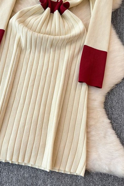 French Retro Color Collision Lapel Knit Dress Women'S New Long Sweater Dress in Autumn Winter
