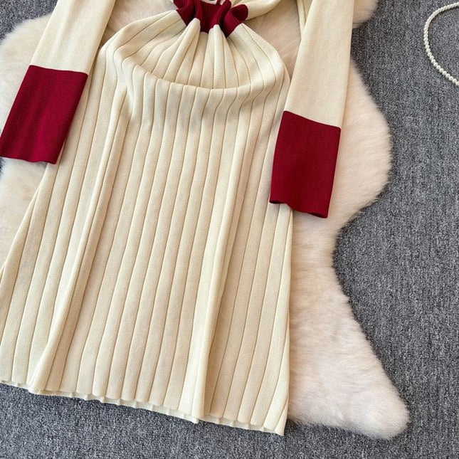 French Retro Color Collision Lapel Knit Dress Women'S New Long Sweater Dress in Autumn Winter