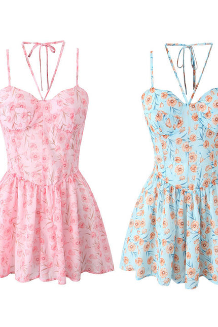 2 Colorway Floral Print Multi Color Spaghetti Strap Casual Fashion Mini slip Dress for Women
