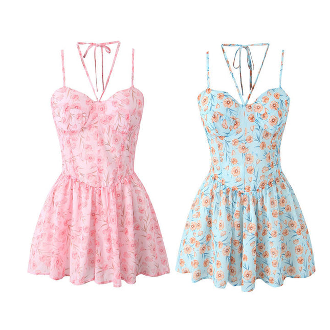 2 Colorway Floral Print Multi Color Spaghetti Strap Casual Fashion Mini slip Dress for Women