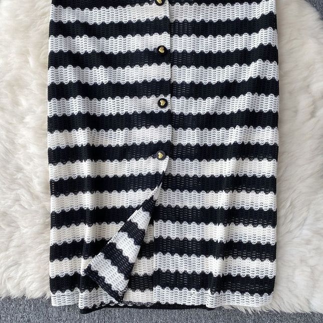 Vintage Style Striped Dress Women's Summer Hollow Single Breasted Design Sense of High Class Dress