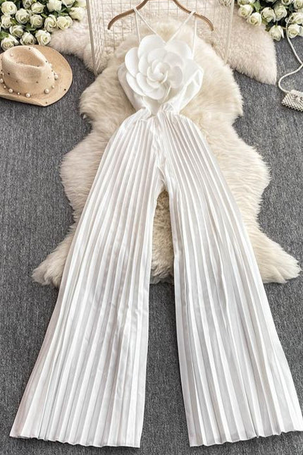 Beach Vacation Super fairy Three-dimensional Flower Jumpsuit Women's Summer High Waist Slimming Halter Pleated Wide Leg Pants