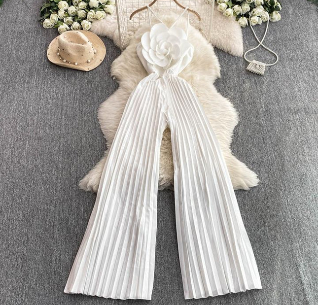 Beach Vacation Super fairy Three-dimensional Flower Jumpsuit Women's Summer High Waist Slimming Halter Pleated Wide Leg Pants