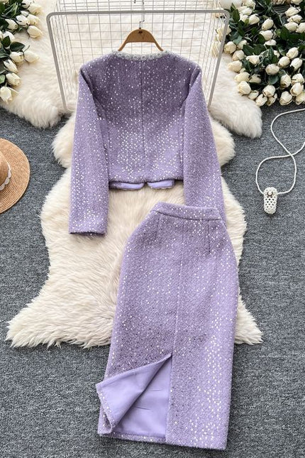 Fashion 2025 Beading Round Neck Sequins Long Sleeve Jacket Slim Skirt Women Two Piece Set