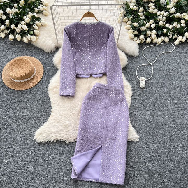 Fashion 2025 Beading Round Neck Sequins Long Sleeve Jacket Slim Skirt Women Two Piece Set