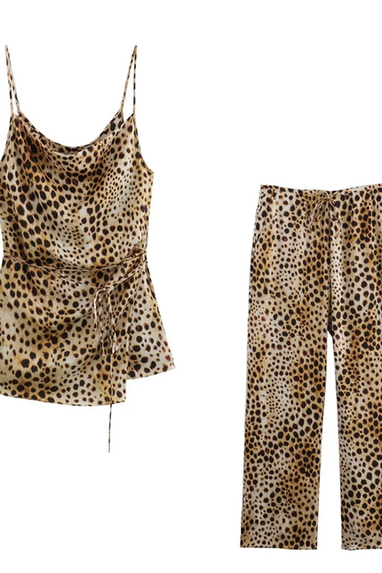 Animal Print Multi Color Side Slit Sashes Spaghetti Strap Casual Fashion Tops Blouses for Women