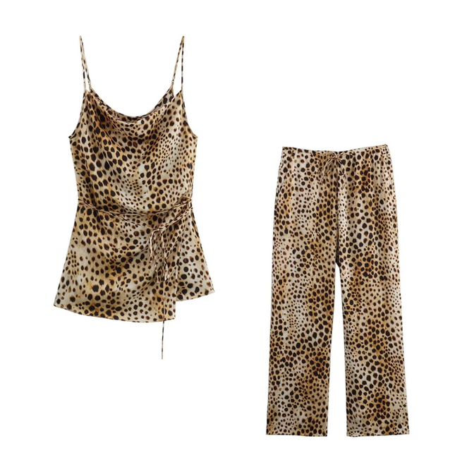 Animal Print Multi Color Side Slit Sashes Spaghetti Strap Casual Fashion Tops Blouses for Women