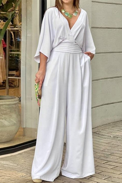 Summer Fall Long Sleeve Wide Leg Elegant V Neck Playsuit Jumpsuit Wholesale Women