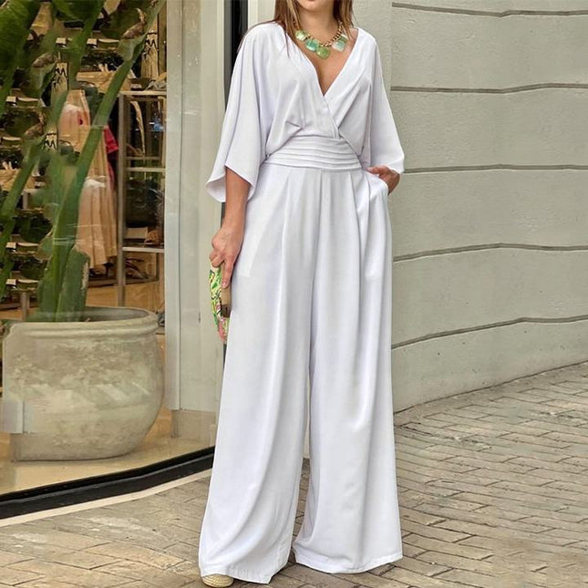 Summer Fall Long Sleeve Wide Leg Elegant V Neck Playsuit Jumpsuit Wholesale Women