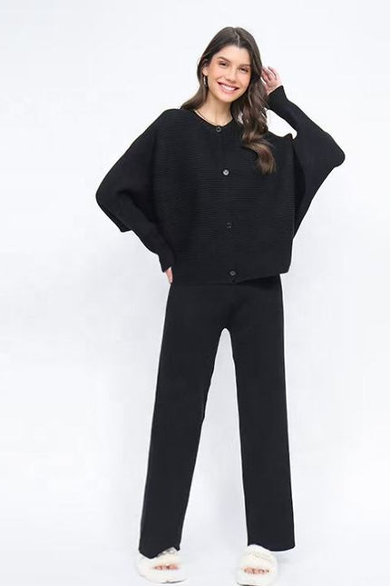 Autumn and Winter Loose Bat Sleeve Knitted Single Breasted Sweater High Waist Wide Leg Pants Knitted Set for Women