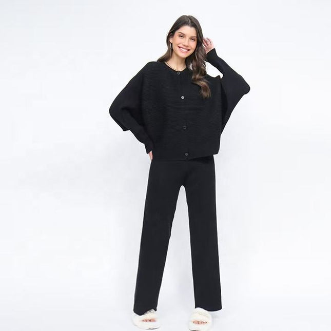 Autumn and Winter Loose Bat Sleeve Knitted Single Breasted Sweater High Waist Wide Leg Pants Knitted Set for Women