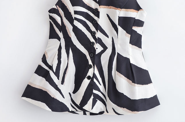 Single Breasted Black White Color Print Back Hollow Out Casual Fashion Halter Vest Waistcoat for Women