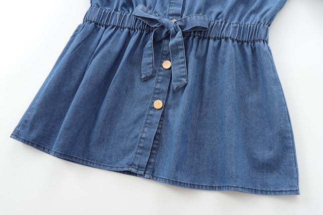 Turn Down Collar Half Sleeve Buttons up Denim Blue Color Buttons up Casual Fashion Tops Shirts for Women