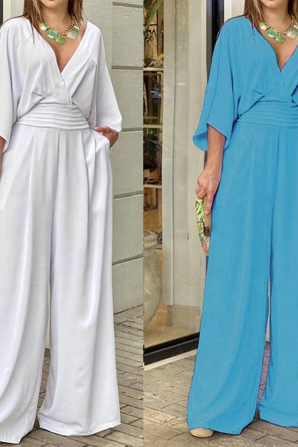 Summer Fall Long Sleeve Wide Leg Elegant V Neck Playsuit Jumpsuit Wholesale Women