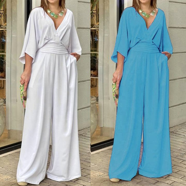 Summer Fall Long Sleeve Wide Leg Elegant V Neck Playsuit Jumpsuit Wholesale Women