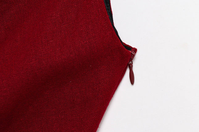 Crew Neck Sleeveless Red Color Front Pleated Beading Casual Fashion Long Dress for Women