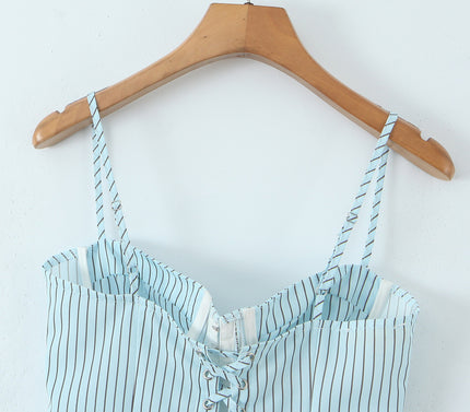 Spaghetti Strap Striped Print Front Lace up Hot Sale Casual Fashion Women's Crop tank Tops