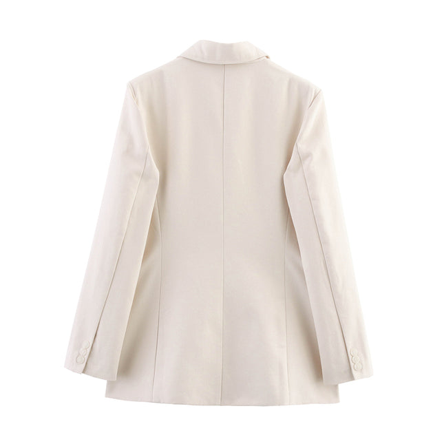 Double Breasted Beige Color Long Sleeve Notched Collar Casual Fashion blazer Jacket for Women