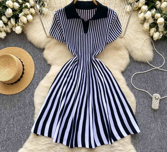 Cor Vintage francês Clash lapela manga curta listrada das mulheres A linha de malha Mini vestidos