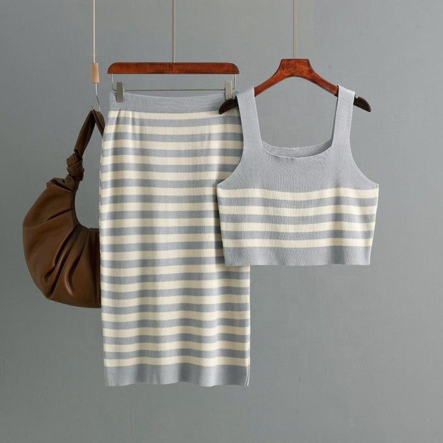 2025 New Set Women Two Pieces Set Knit Skirt Stripe Set