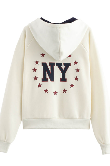 Letter Print Beige Color Long Sleeve Zipper Fly Casual Fashion Jacket with Hooded for Women