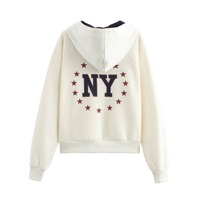Letter Print Beige Color Long Sleeve Zipper Fly Casual Fashion Jacket with Hooded for Women