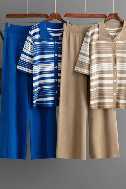 New European Design Striped Print Knit T Shirt Pants Set Women Knit 2 Pieces Sets Clothing