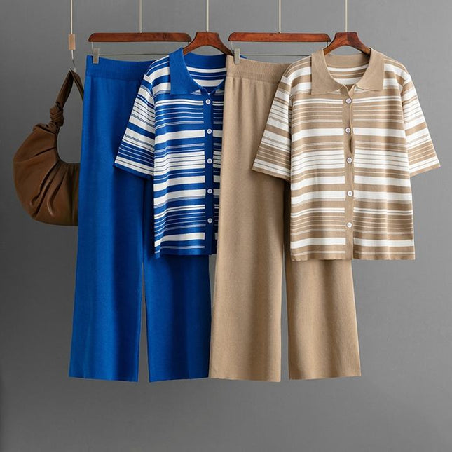 New European Design Striped Print Knit T Shirt Pants Set Women Knit 2 Pieces Sets Clothing