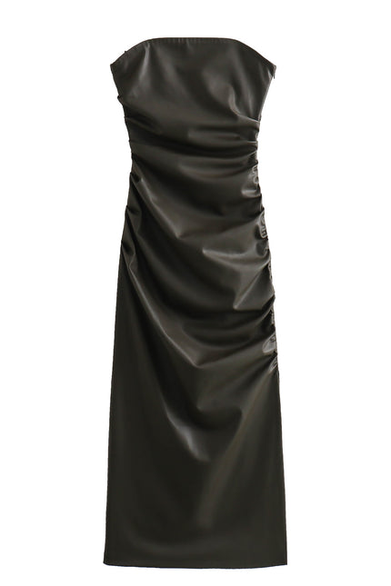 3 Colorway Zipper Fly Solid Color Pleated Strapless Casual Fashion Women Leather Long Dress