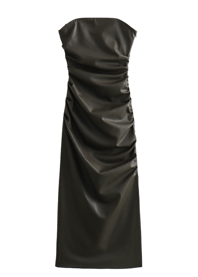 3 Colorway Zipper Fly Solid Color Pleated Strapless Casual Fashion Women Leather Long Dress