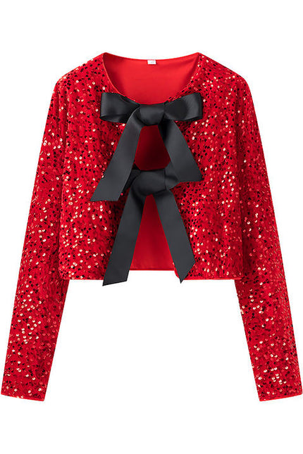 3 Colorway Solid Color Sequin Front Bow Tie Long Sleeve Crew Neck Casual Fashion Tops Blouse for Women