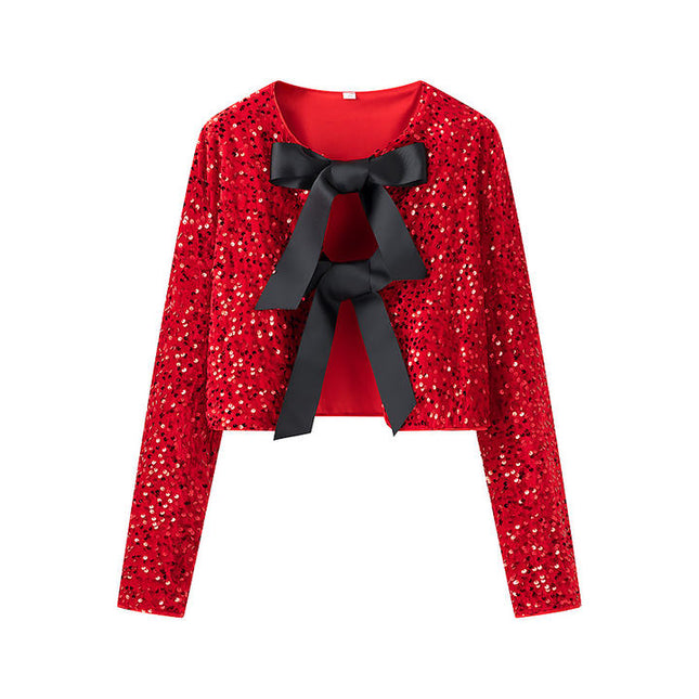 3 Colorway Solid Color Sequin Front Bow Tie Long Sleeve Crew Neck Casual Fashion Tops Blouse for Women